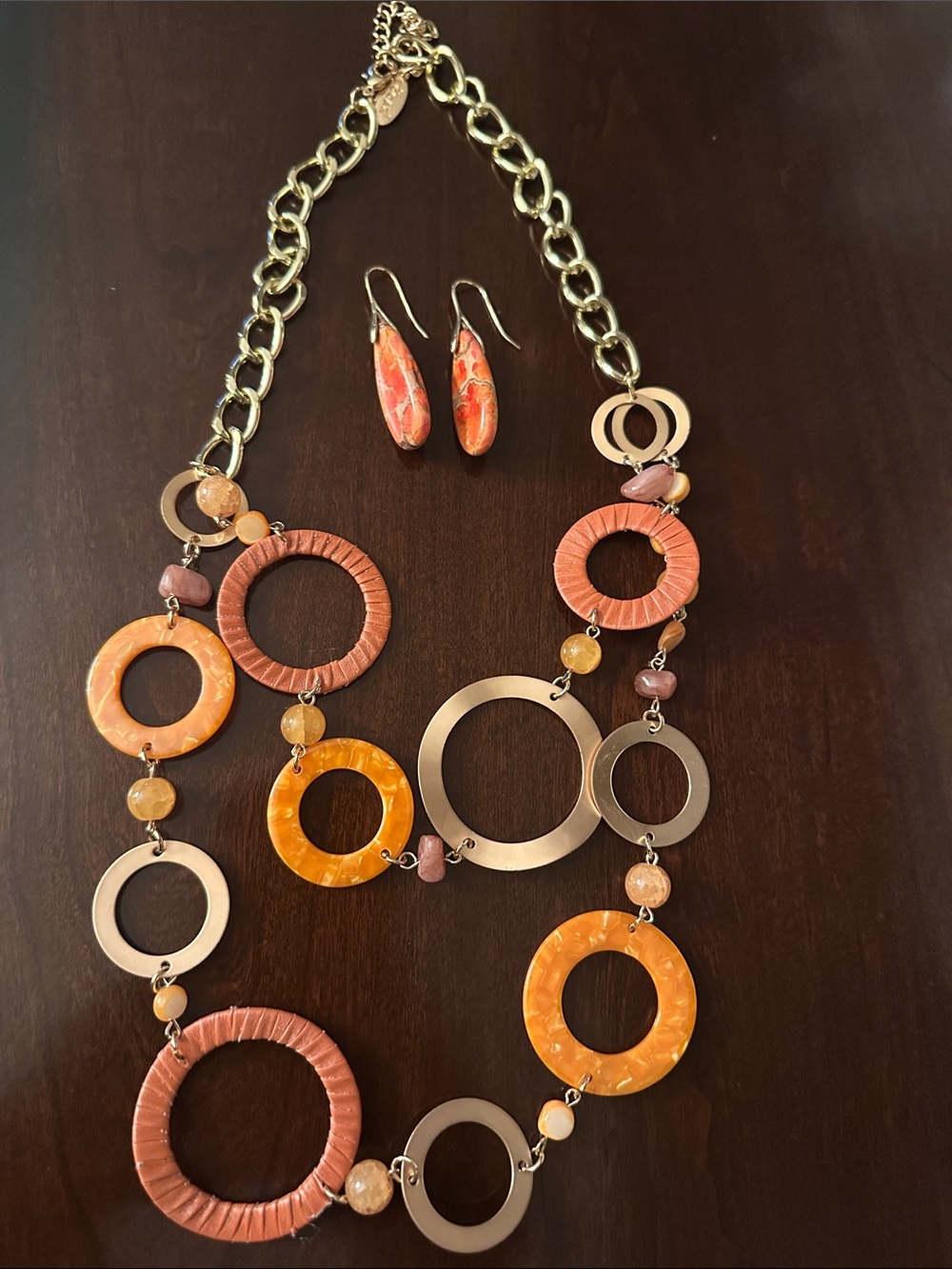 Women’s Orange Multi-Ring Statement Necklace and Earrings Set